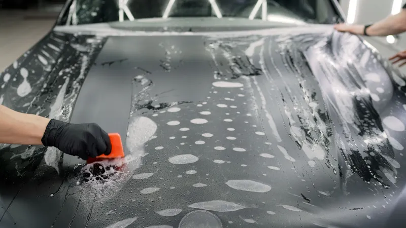 PPF being squeegeed onto a hood
